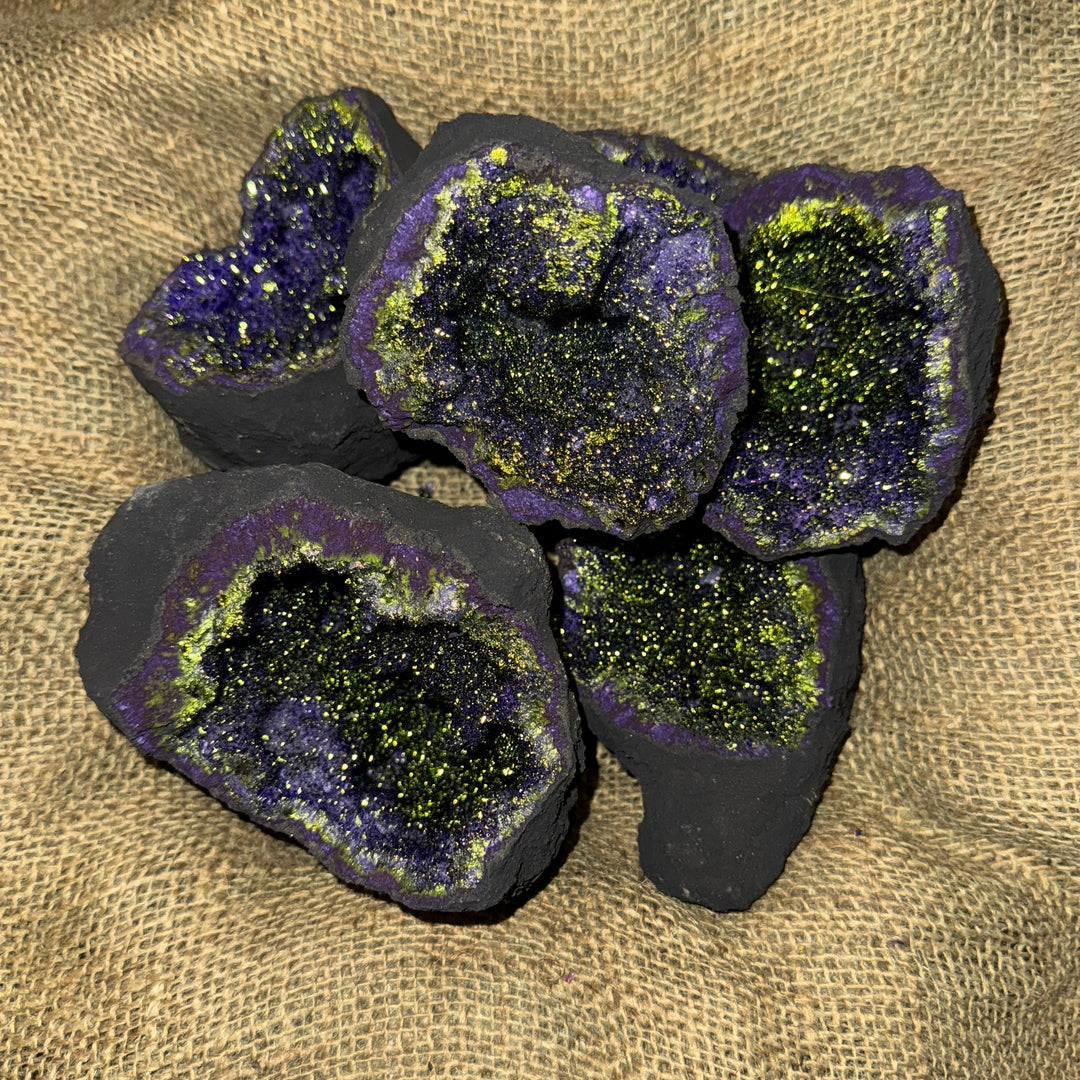Dyed Quartz Black Geode with Purple & Green Pyrite Center (4"-6") (G2)