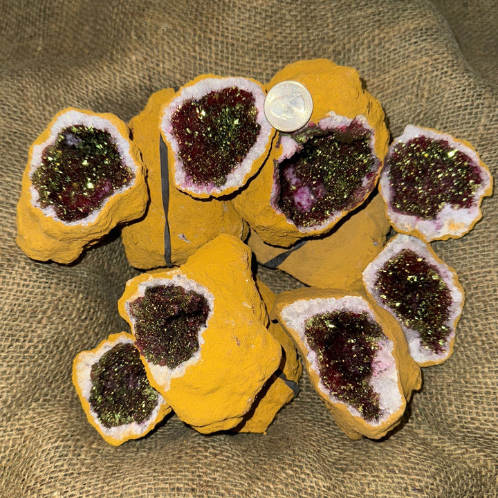 Dyed Quartz Tan Geode with Pink & Green Pyrite Center (3"-5") (G1)