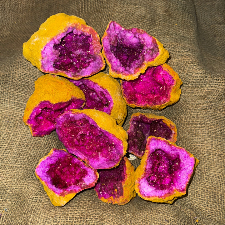 Dyed Quartz Yellow Geode with Pink Center (4"-5") (G5)