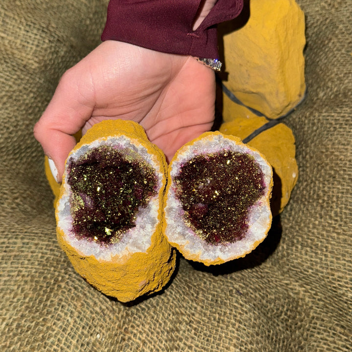 Dyed Quartz Tan Geode with Pink & Green Pyrite Center (3"-5") (G1)