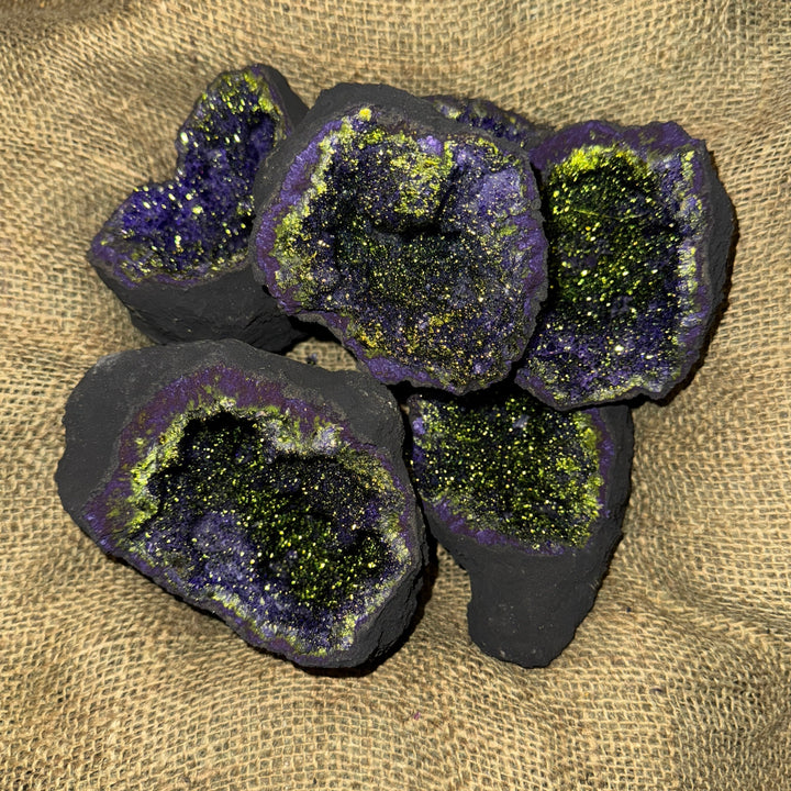 Dyed Quartz Black Geode with Purple & Green Pyrite Center (4"-6") (G2)